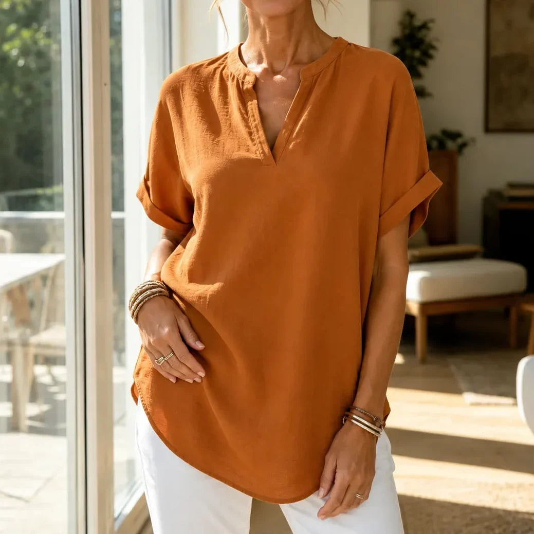 Linora – Notch V-Neck Short Sleeve Curved-Hem Tunic Blouse for Women