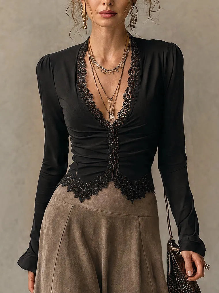 Black lace-trimmed top and faux-suede flared maxi skirt set