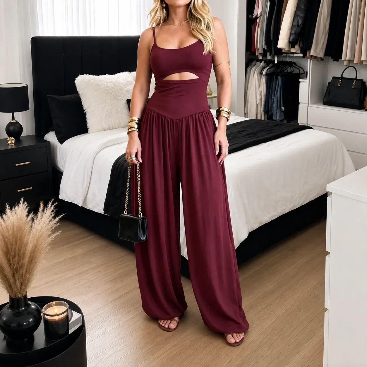 Florenza – Sleeveless Cutout Wide Leg Jumpsuit with Adjustable Back Tie
