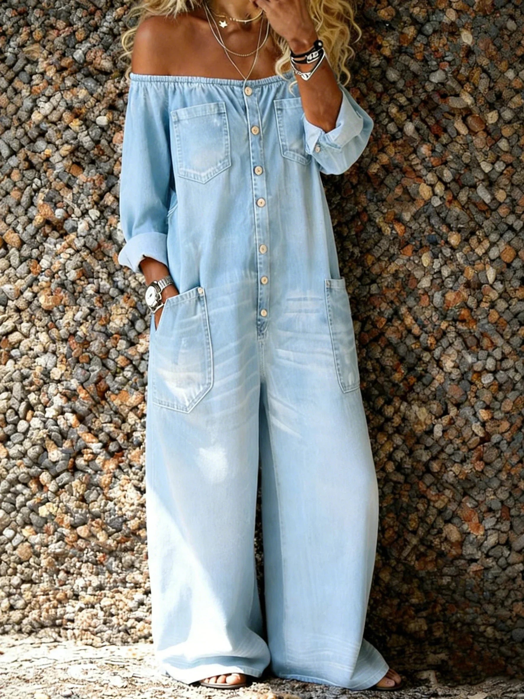 Noa | Denim Overalls with Off-Shoulder Neckline