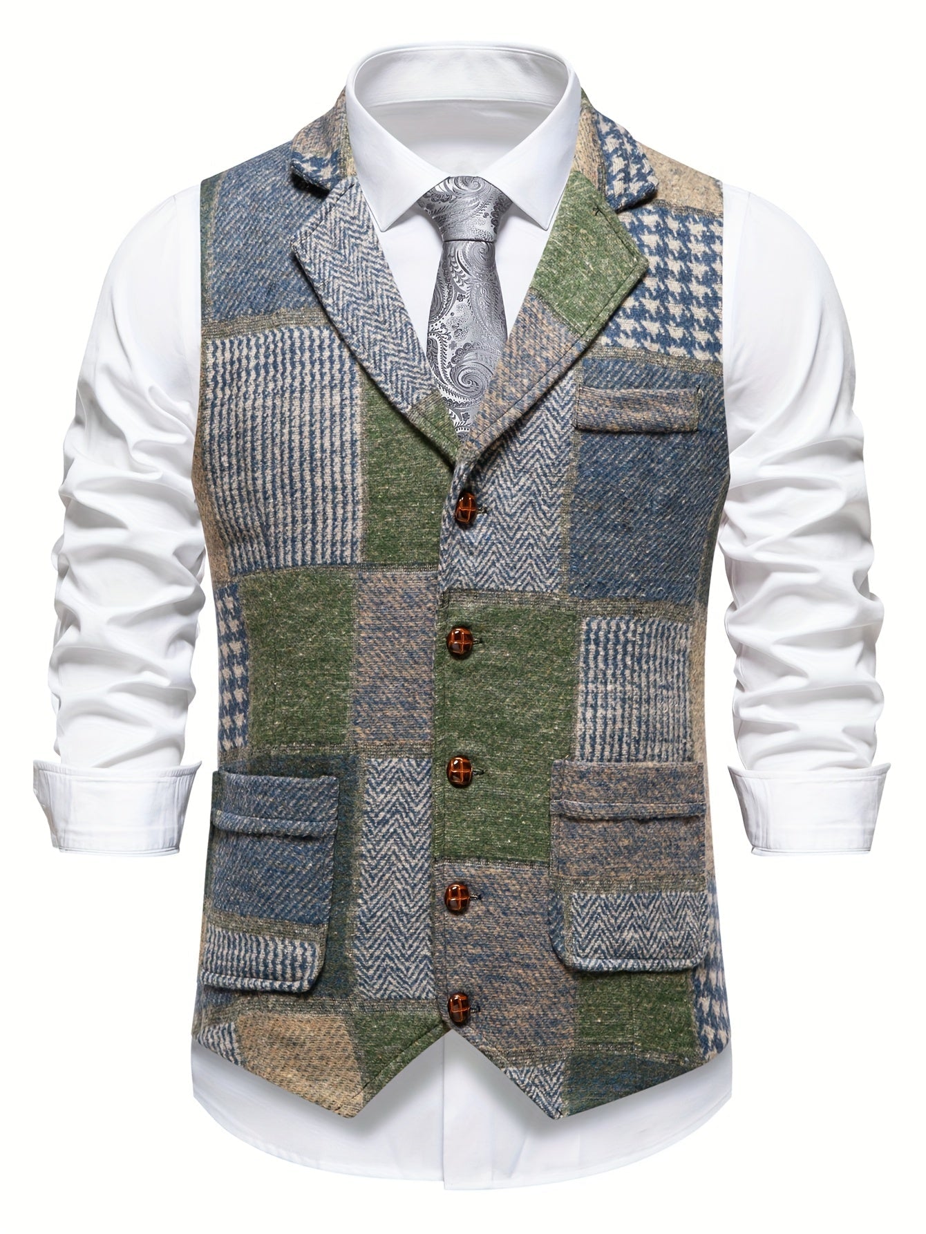 Leo™ | Patchwork Tweed Waistcoat with Herringbone Pattern