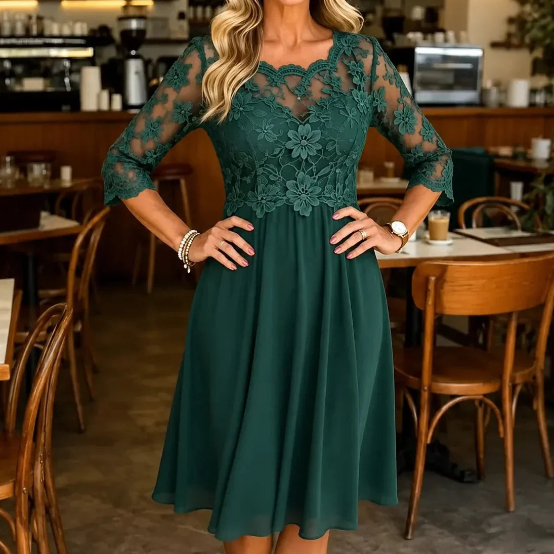 Florenza – Floral Lace-look Bodice Midi Dress with Flowy Skirt