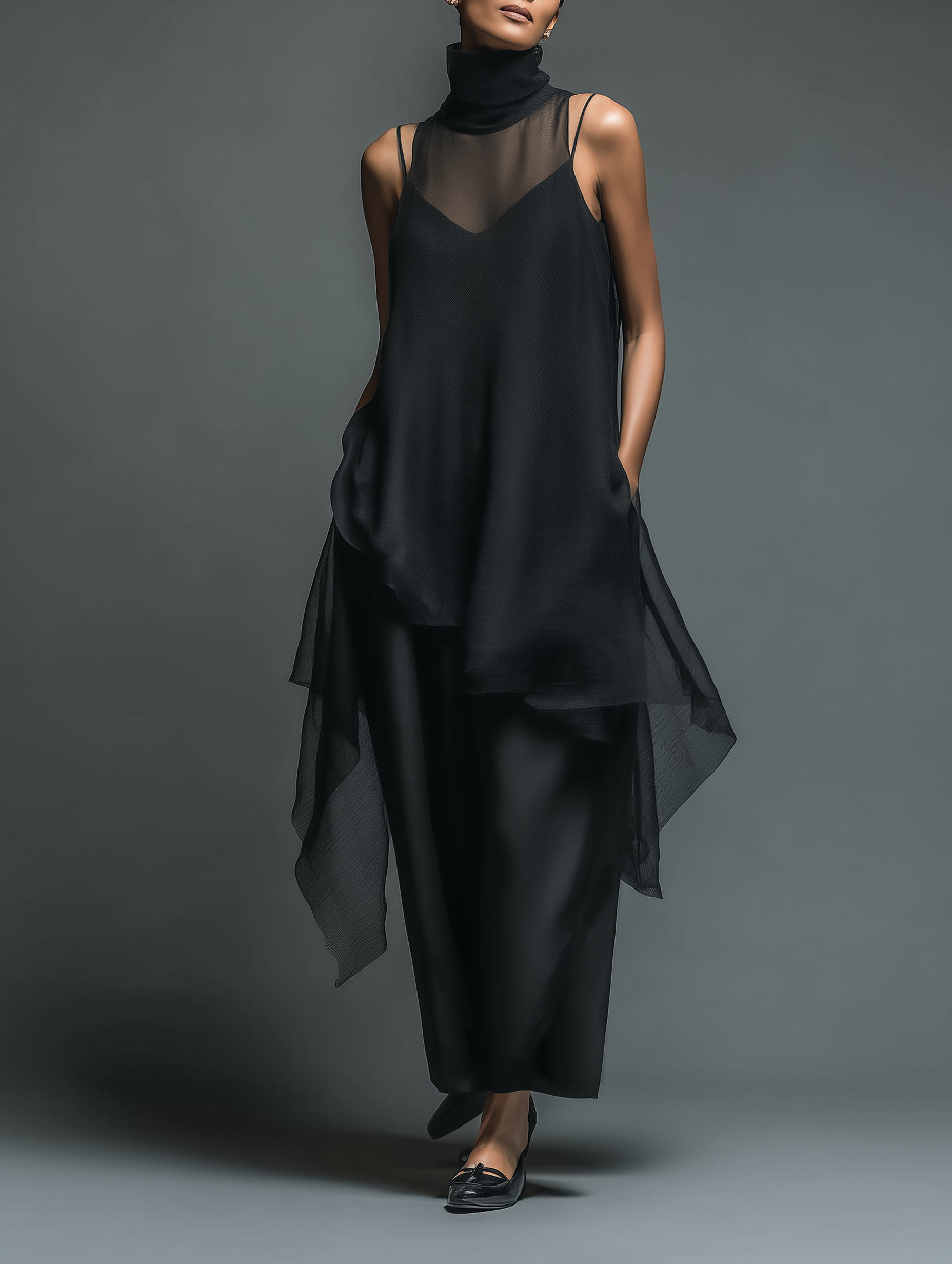 Women's Minimalist Imitation Acetate Slip Dress Paired With A Chiffon Overlay Maxi Dress MDZ2702A3Y