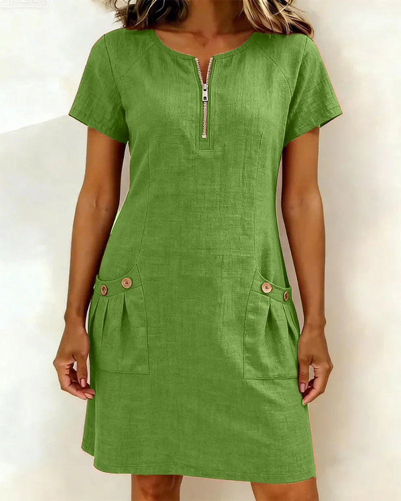 Short Linen and Cotton Dress with Zipper Closure - Elegant A-Line Cut
