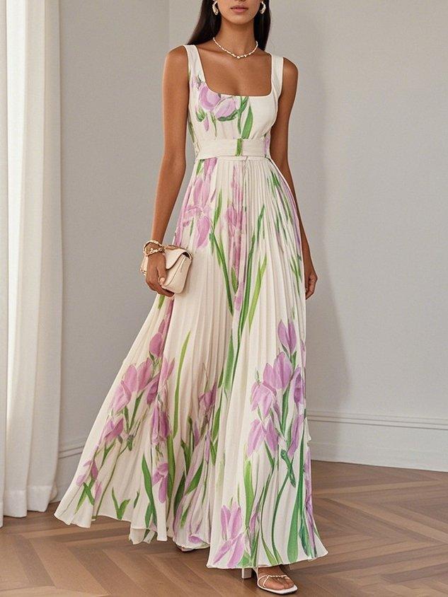Pleated Long Dress in Mousseline - Timeless Elegance