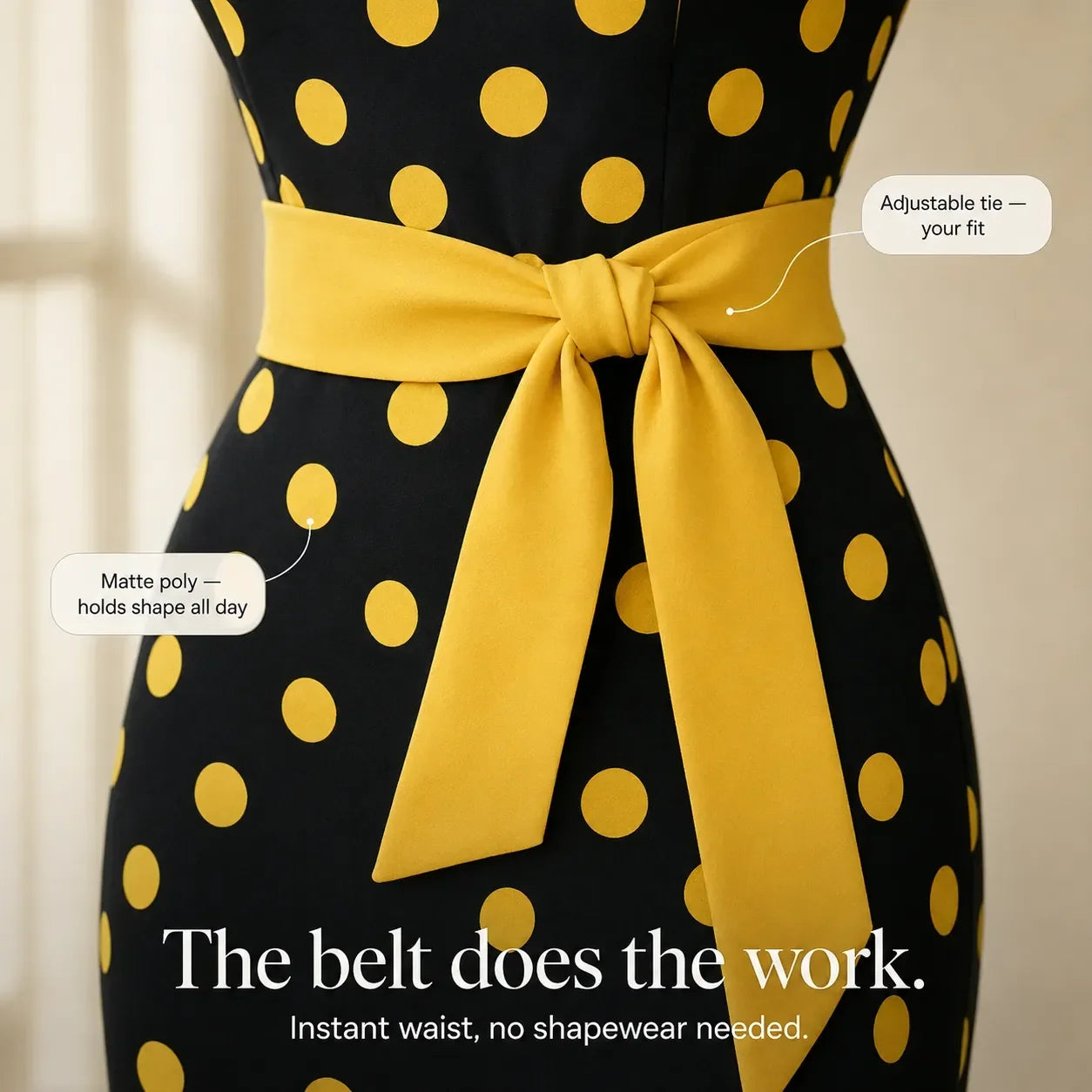 Belora – Retro Polka Dot Midi Dress with Belted Waist