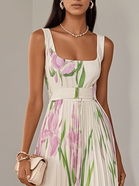 Pleated Long Dress in Mousseline - Timeless Elegance