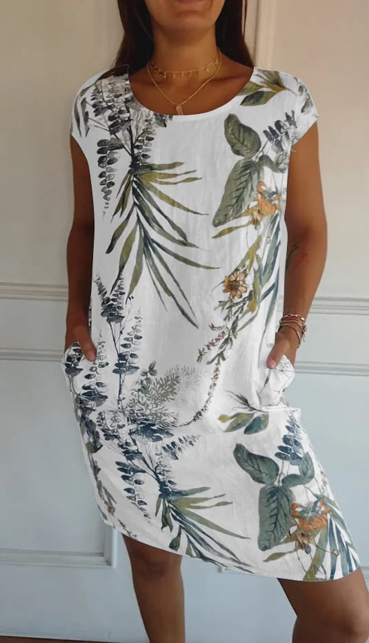 Printed summer dress in cotton and linen for women with pockets