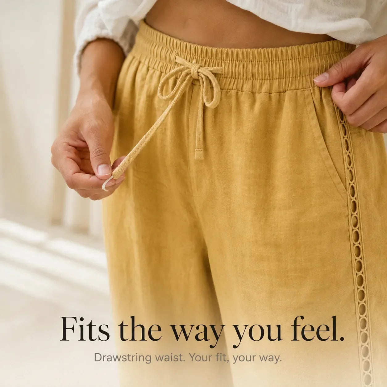 Loravie – Eyelet Trim Cotton-Linen-like Capri Pants with Drawstring Waist