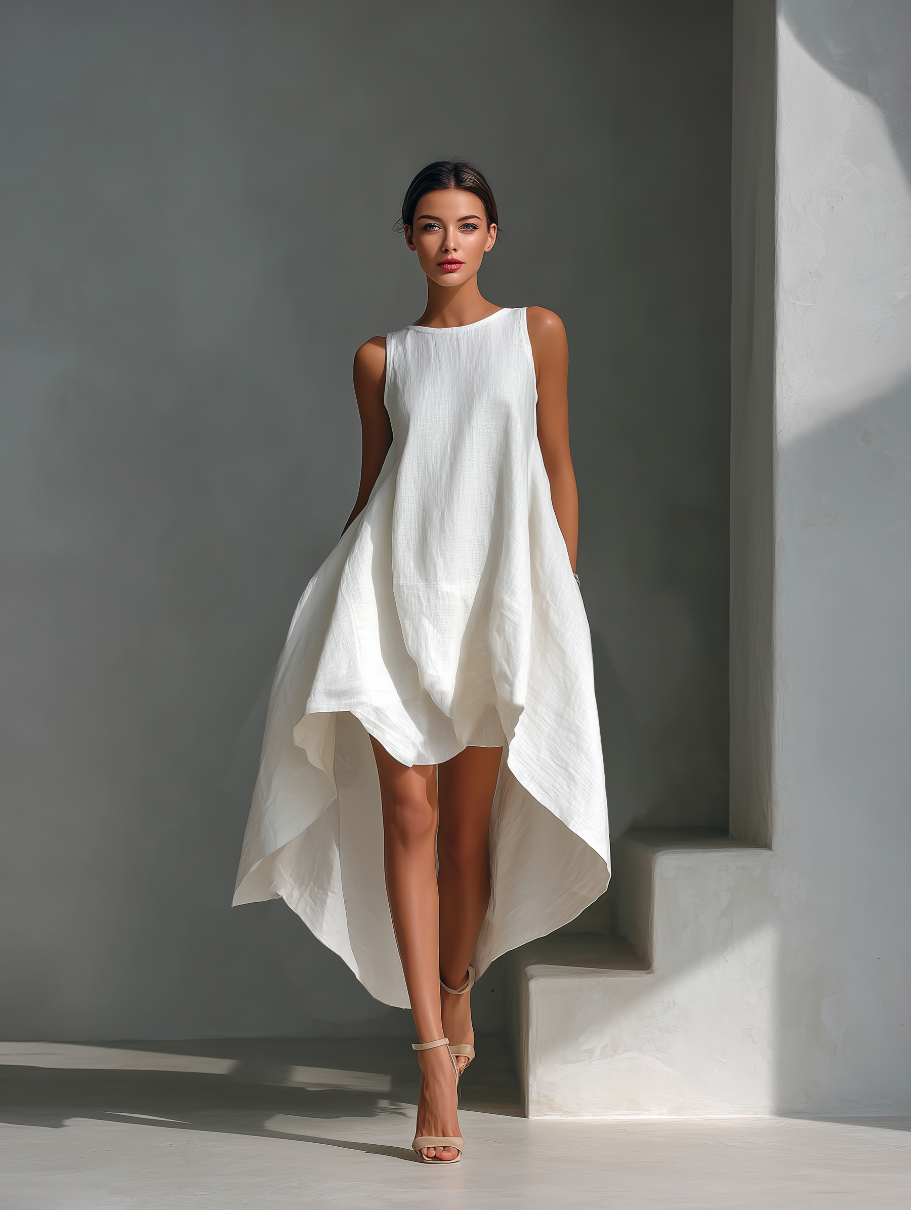 White Linen Sleeveless Midi Dress for Women with Round Neck and Asymmetrical Hem