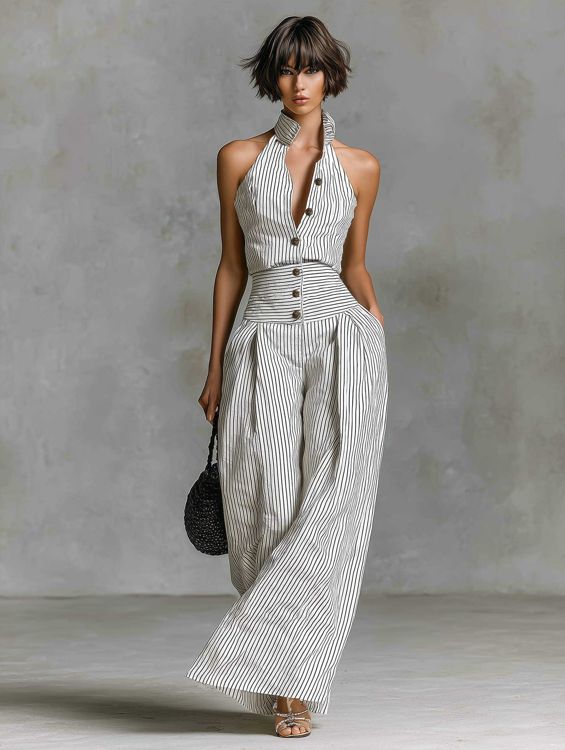 Women's Minimalist Striped Linen Sleeveless Single-Breasted Jumpsuit MDZ1950C7Y