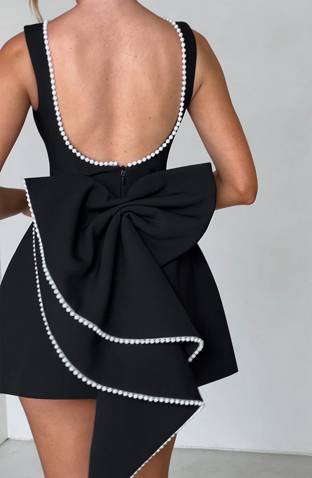 Hollis - Elegant Pearl Bow Mini Dress