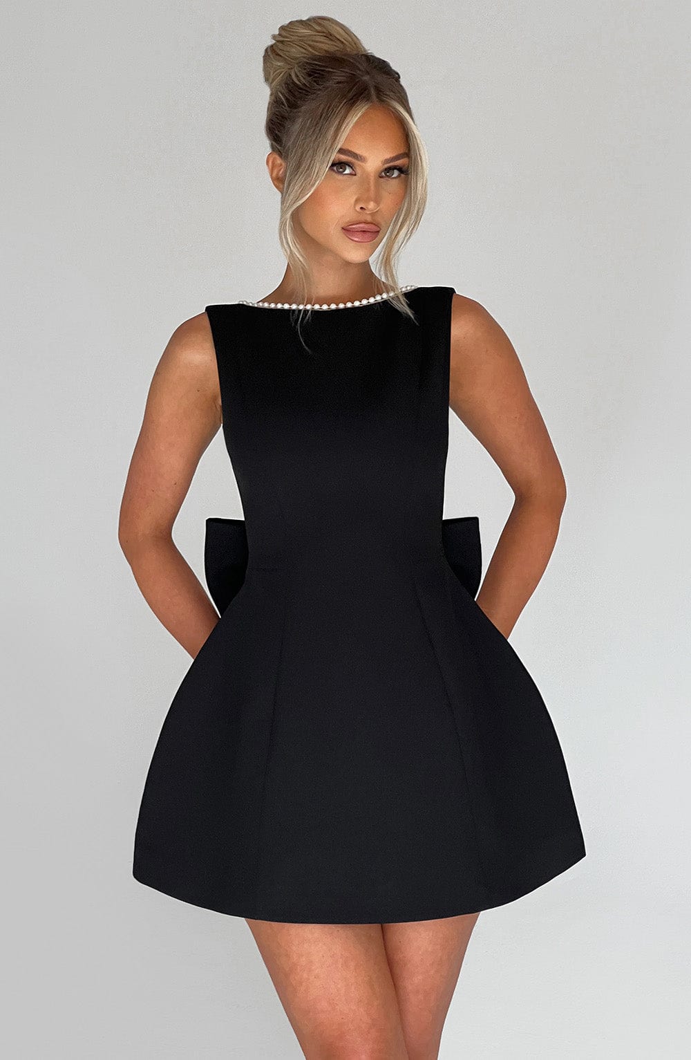 Hollis - Elegant Pearl Bow Mini Dress