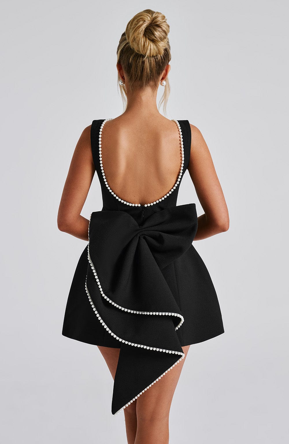 Hollis - Elegant Pearl Bow Mini Dress