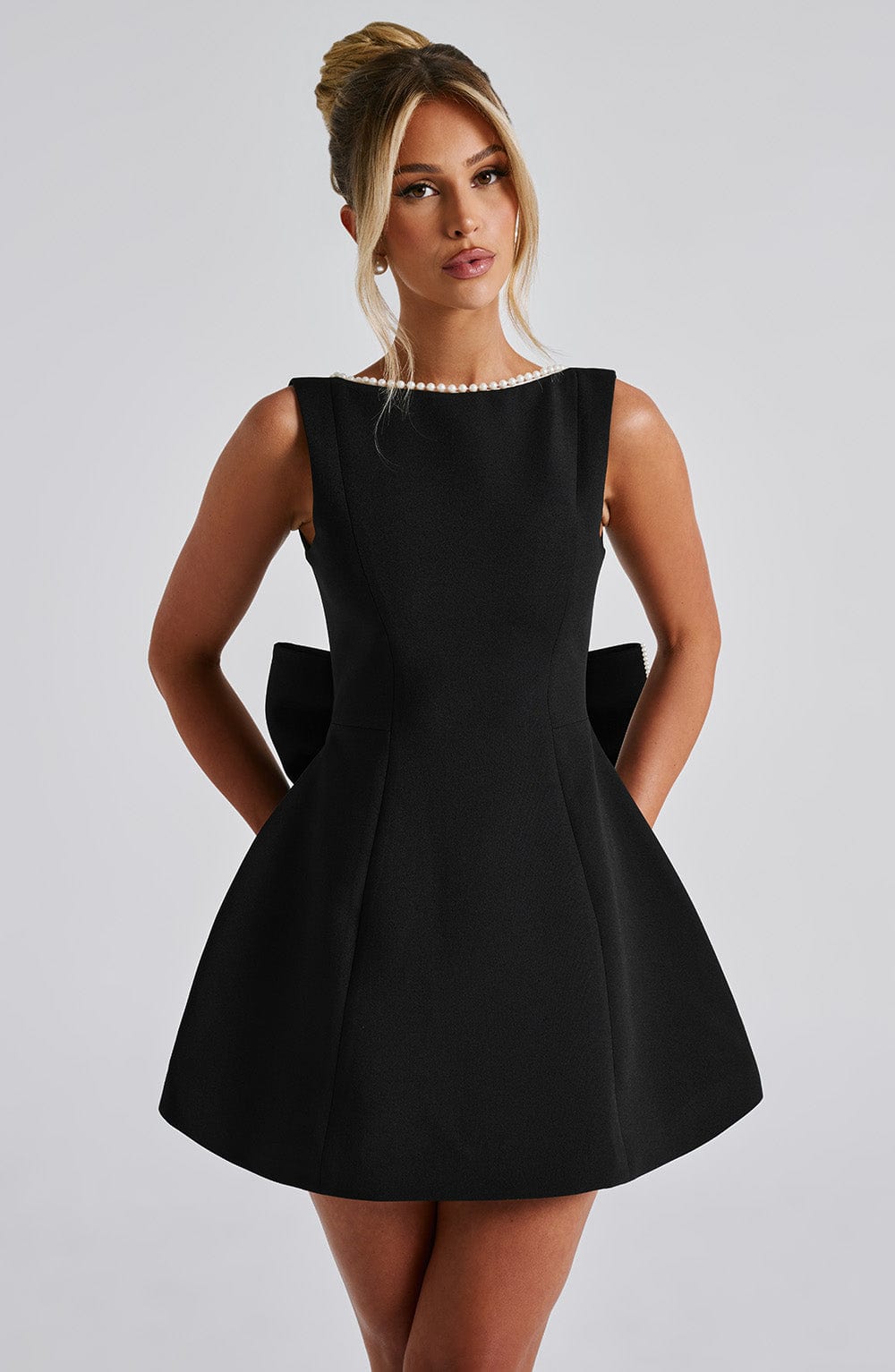 Hollis - Elegant Pearl Bow Mini Dress
