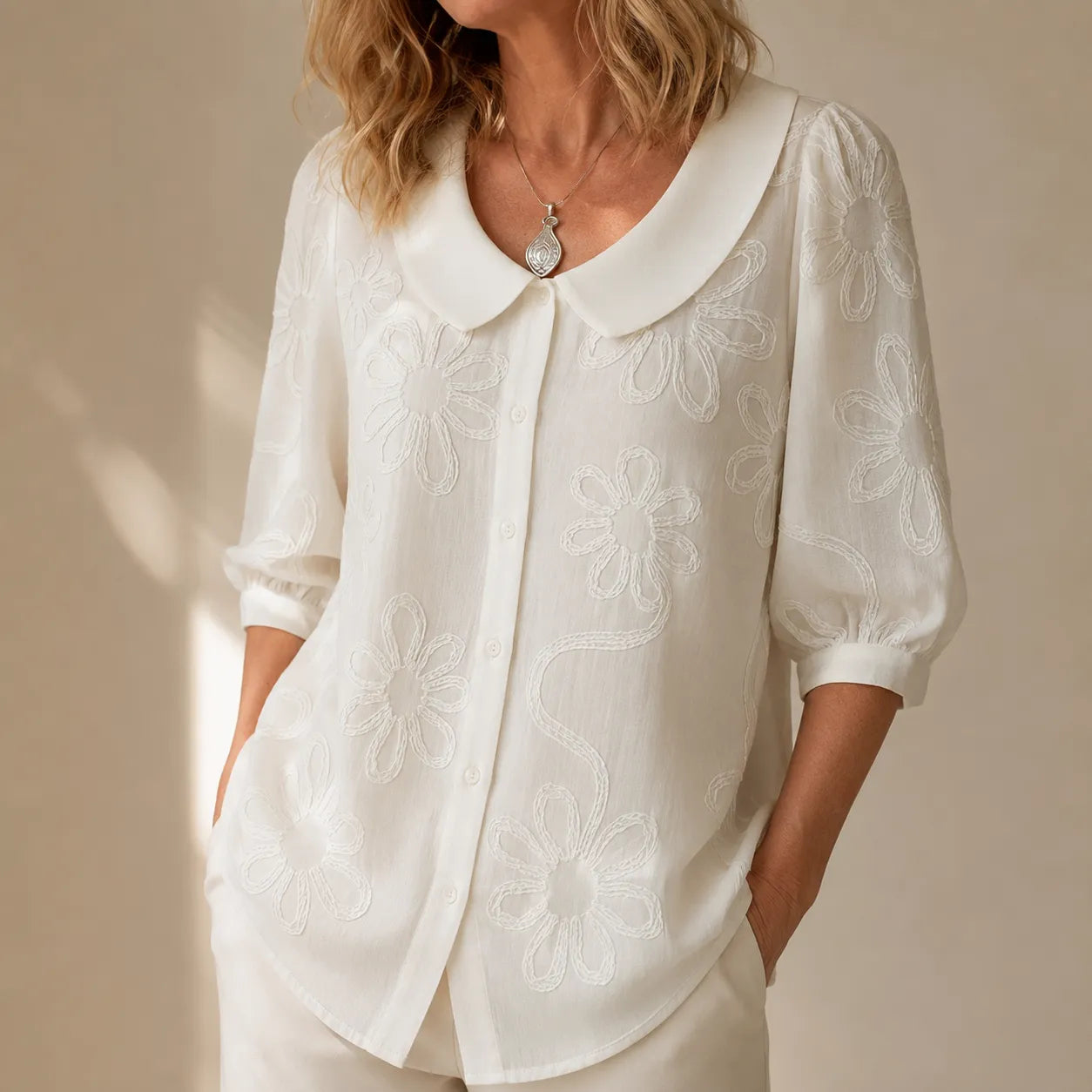 Fiora – Textured Floral Blouse with Puff Sleeves