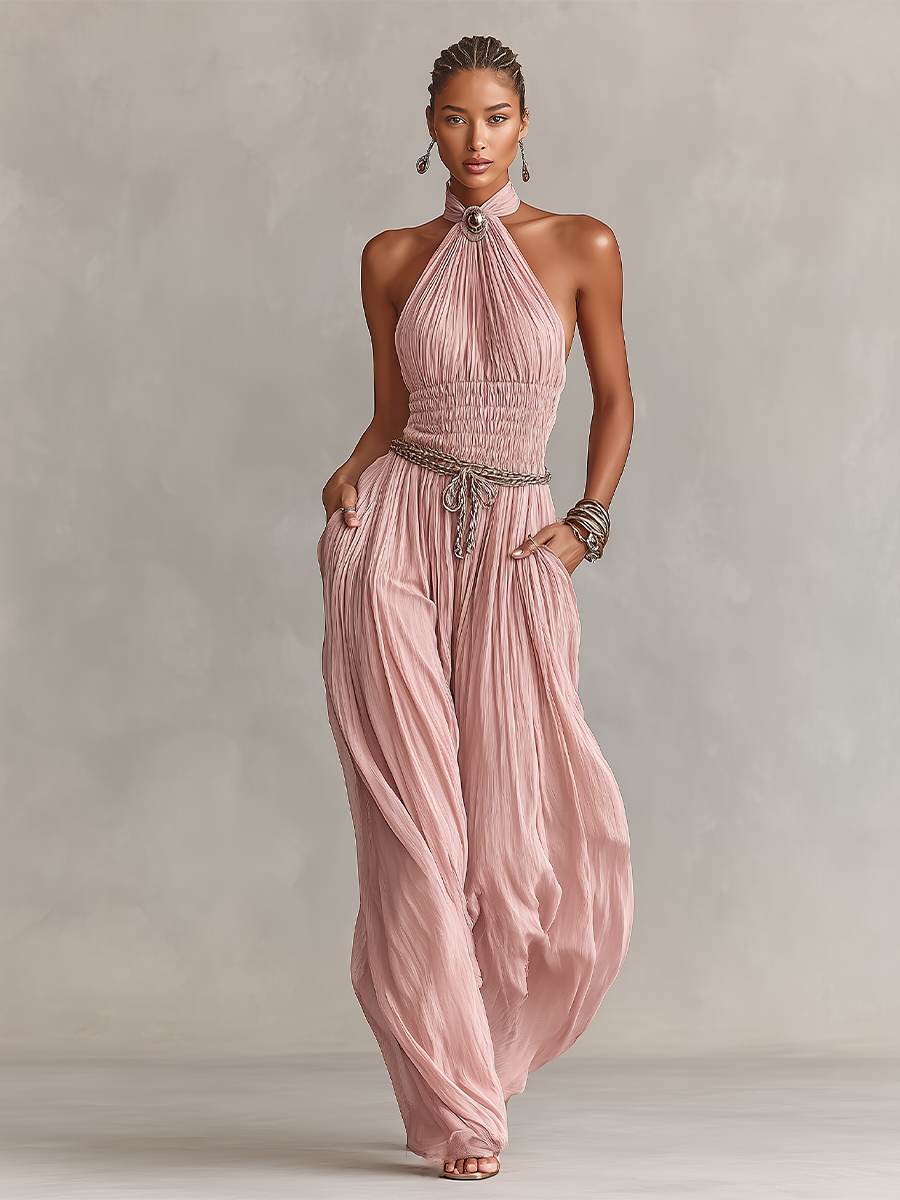 Women's Blush Pleated Jumpsuit With Halter Neck & Ruched Waist, Timeless Romantic-Elegant Style Jumpsuit (without Belt) MDZ1133B7I