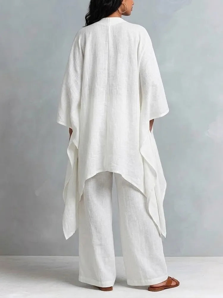 Women's Cotton-linen Asymmetrical Cardigan And Wide-leg Pants Set