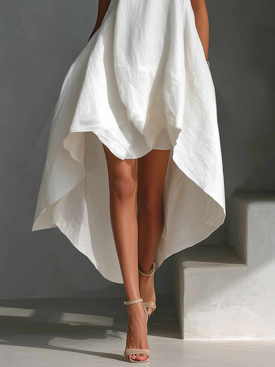 White Linen Sleeveless Midi Dress for Women with Round Neck and Asymmetrical Hem