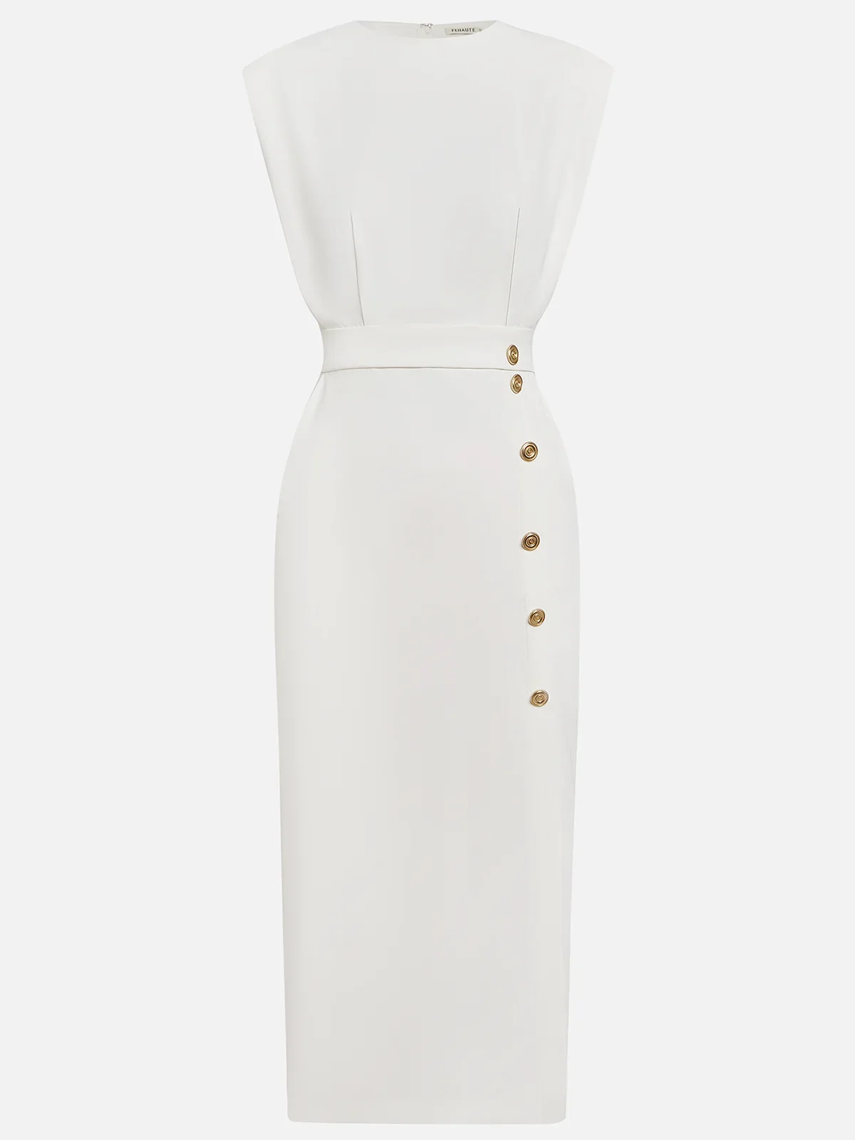 Malene™ | Solid Midi Dress with Button Slit and Round Neckline