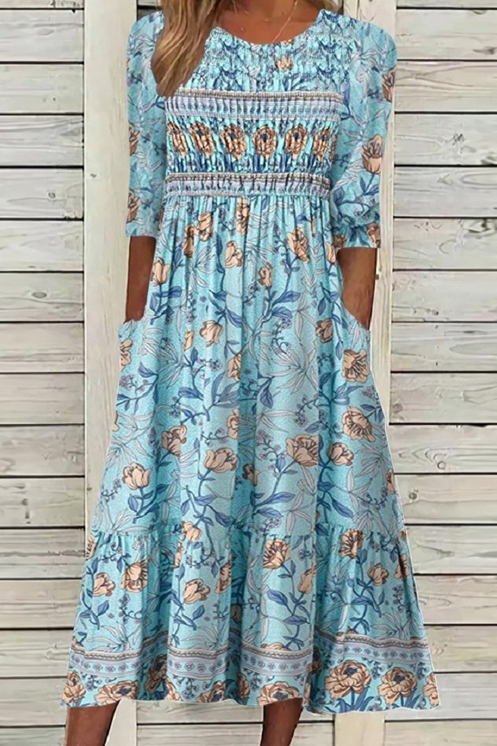 DARCIE | FLOWING DRESS WITH PETALS AND ELEGANT TUMMY COVERAGE