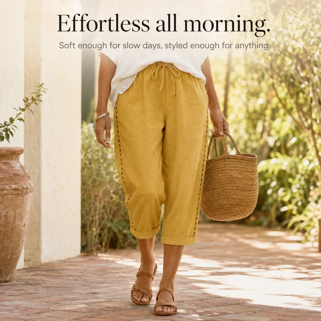 Loravie – Eyelet Trim Cotton-Linen-like Capri Pants with Drawstring Waist