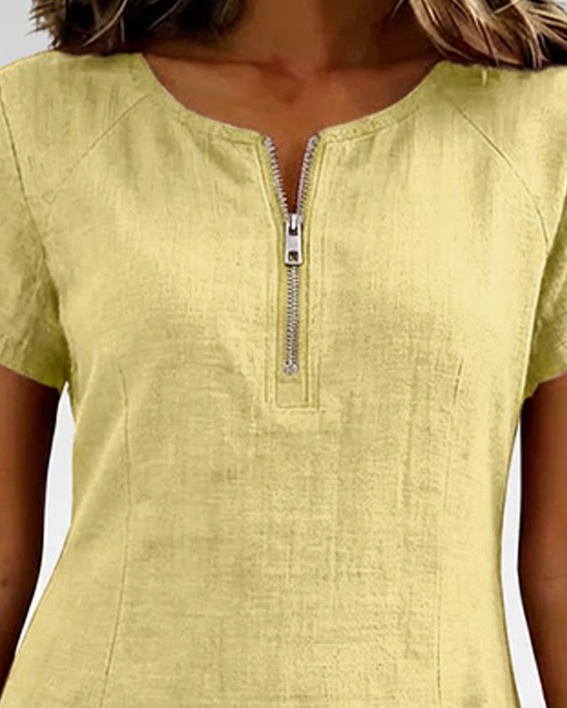 Short Linen and Cotton Dress with Zipper Closure - Elegant A-Line Cut