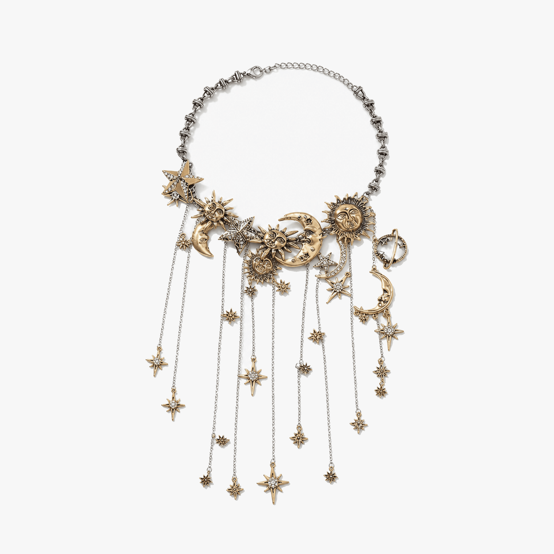 Celestra - Cascading Sun Moon & Star Fringe Necklace