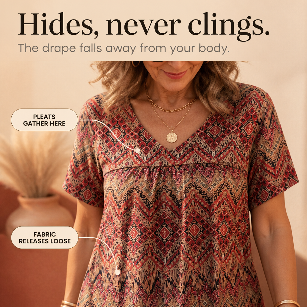Draveil – Pleated V-Neck Printed Short-Sleeve Top