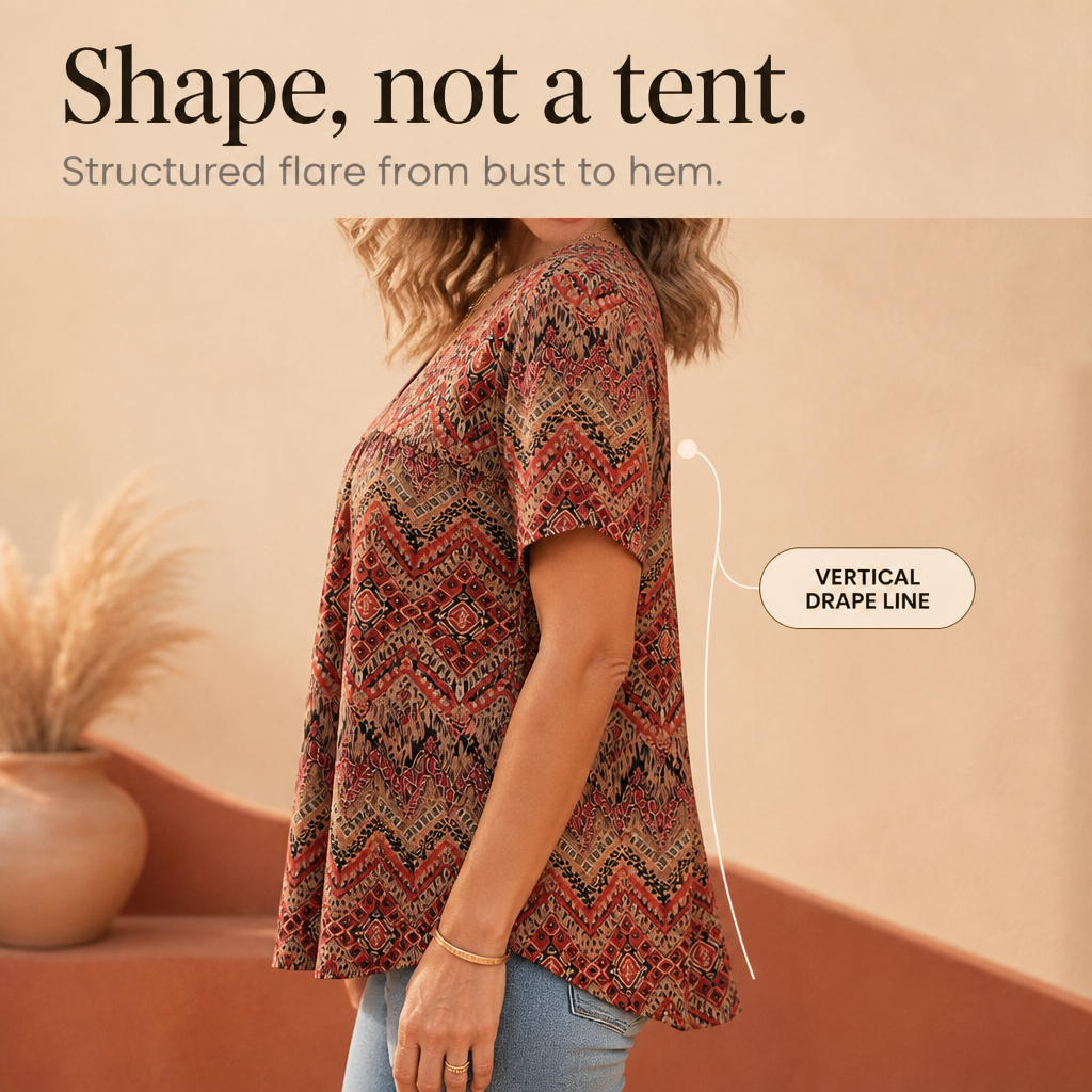 Draveil – Pleated V-Neck Printed Short-Sleeve Top
