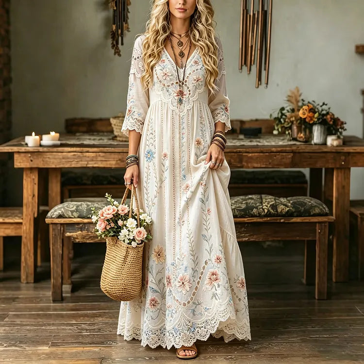 Women's Retro Vacation Floral Lace Cotton Linen V-neck Loose Long Sleeve Dress