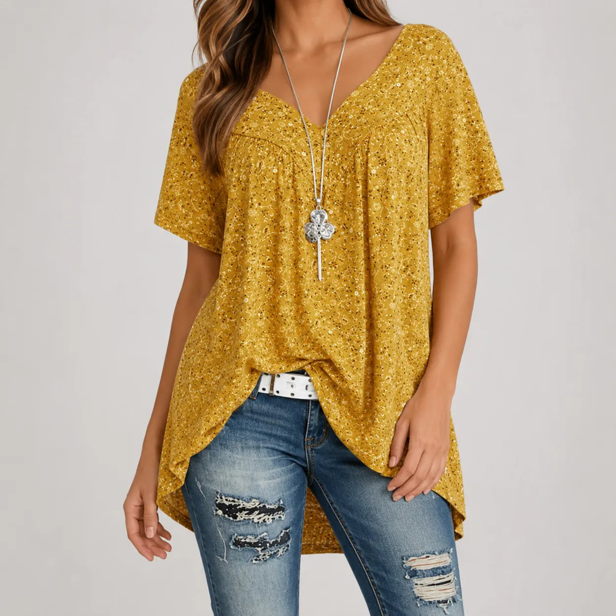Florenza – Floral V-neck Short Sleeve Tunic Top for Women