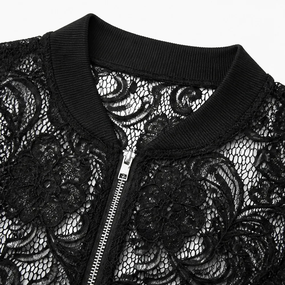 Lacelle – Floral Lace Zip Up Bomber Jacket for Women