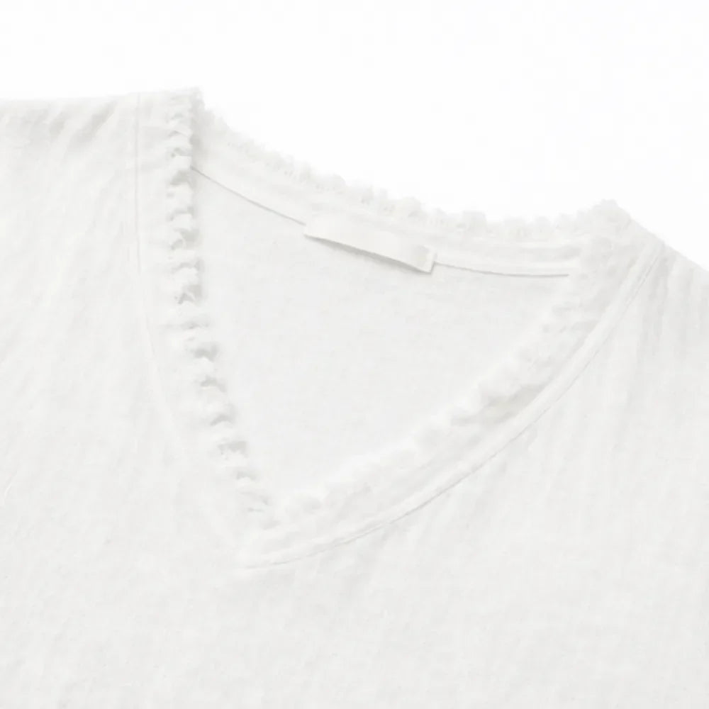 Lorelei – Boho Frayed-Trim V-Neck Tee for Women, Loose Tummy-Hiding Fit