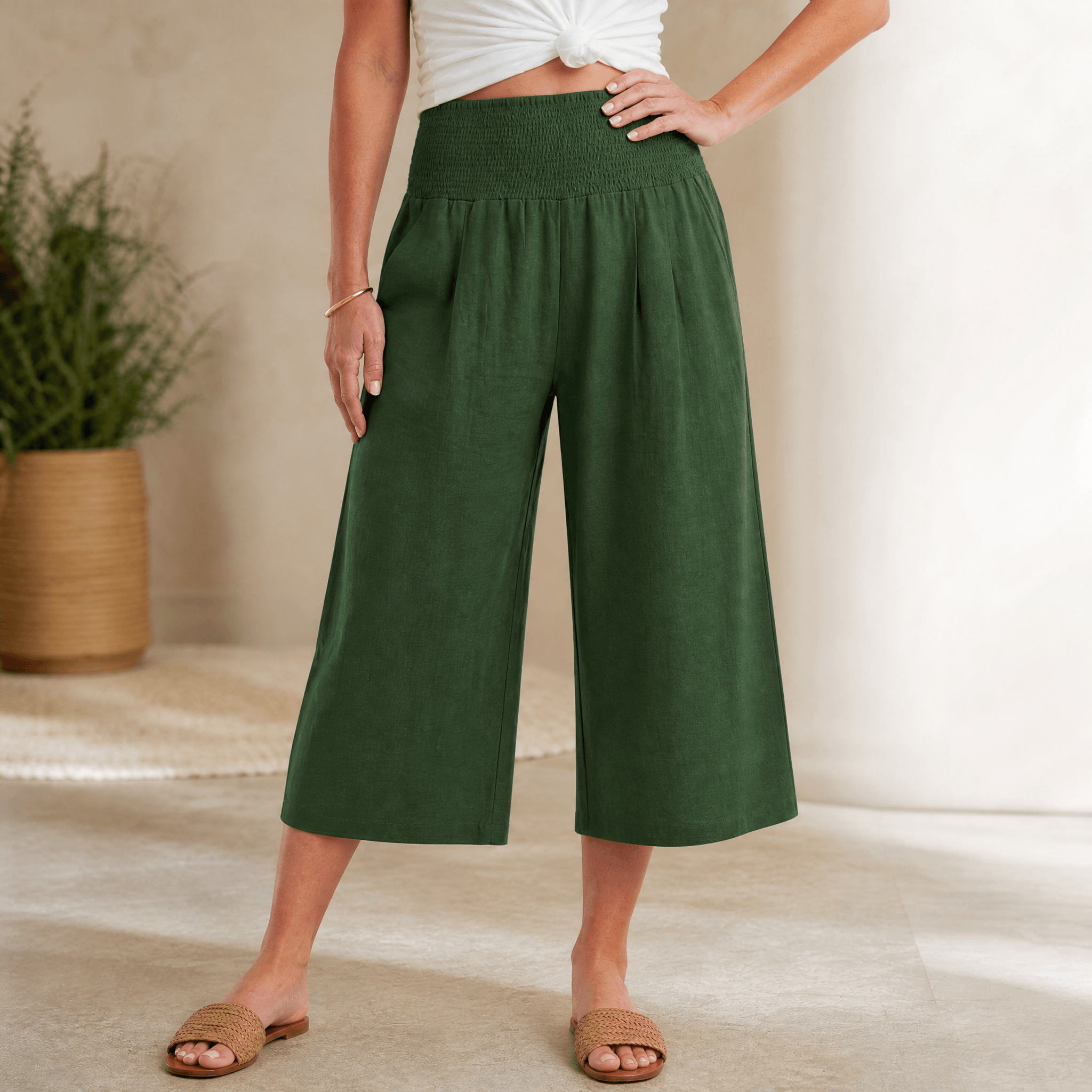 Coastella – Women's Smocked-Waist Wide-Leg Culottes
