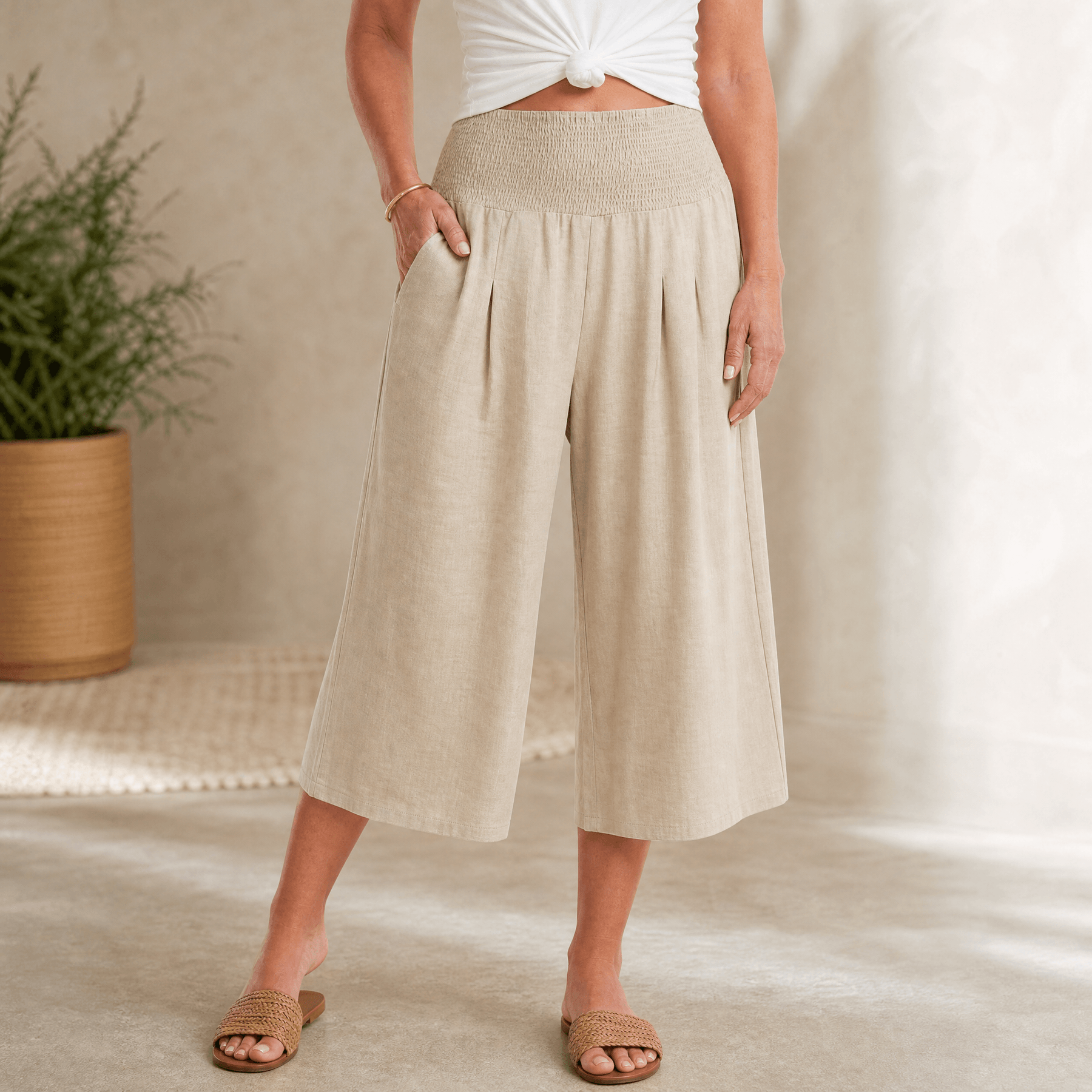 Coastella – Women's Smocked-Waist Wide-Leg Culottes