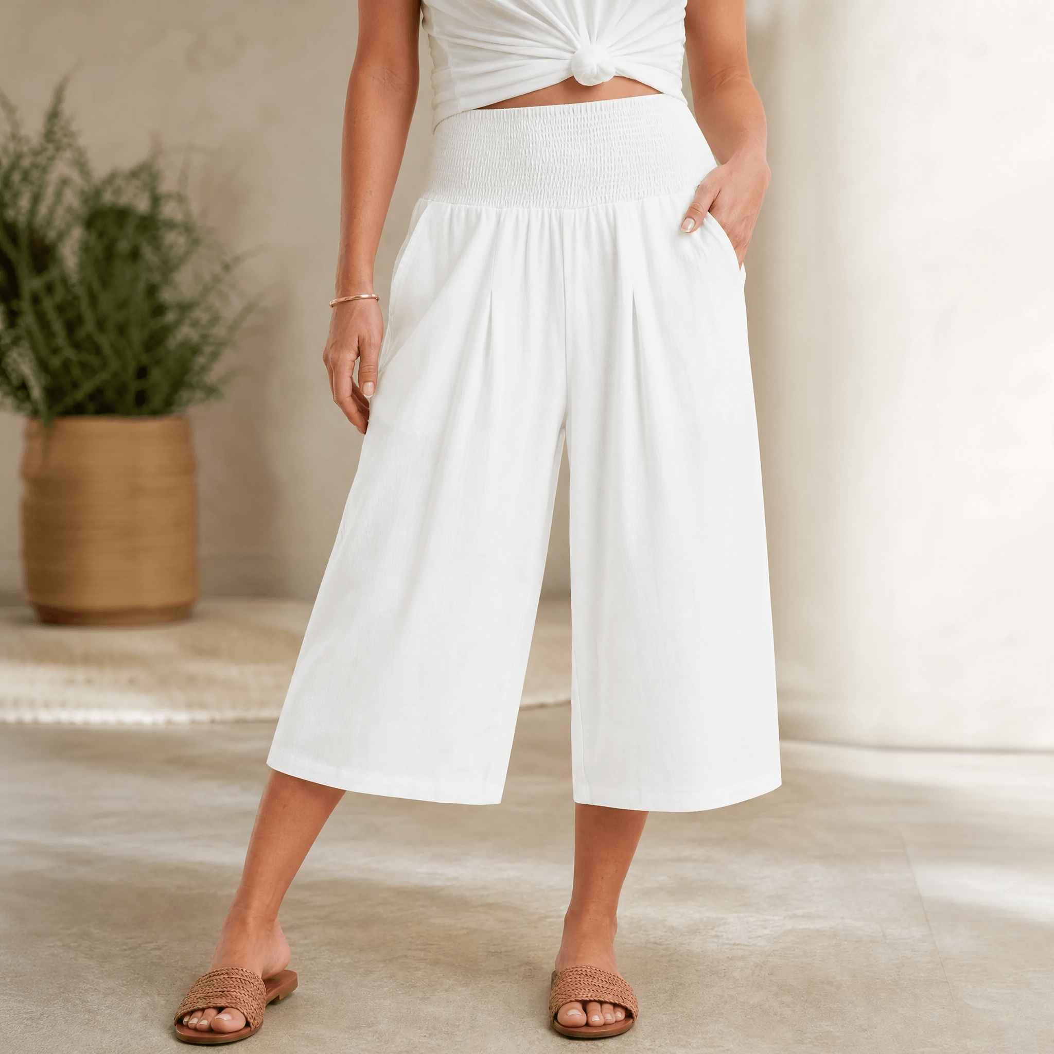 Coastella – Women's Smocked-Waist Wide-Leg Culottes