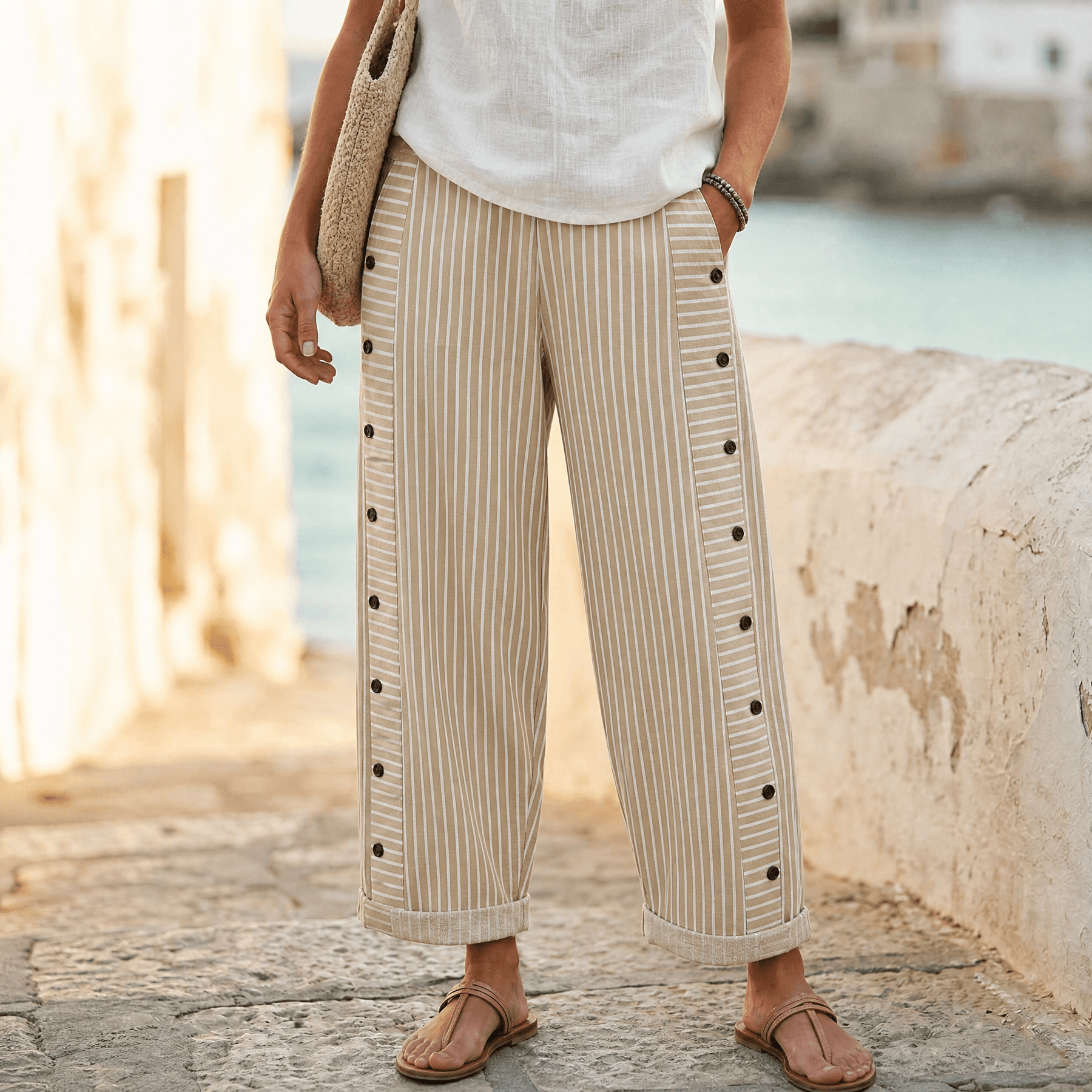 Coastlyn – Women's Striped Pants with Button Trim
