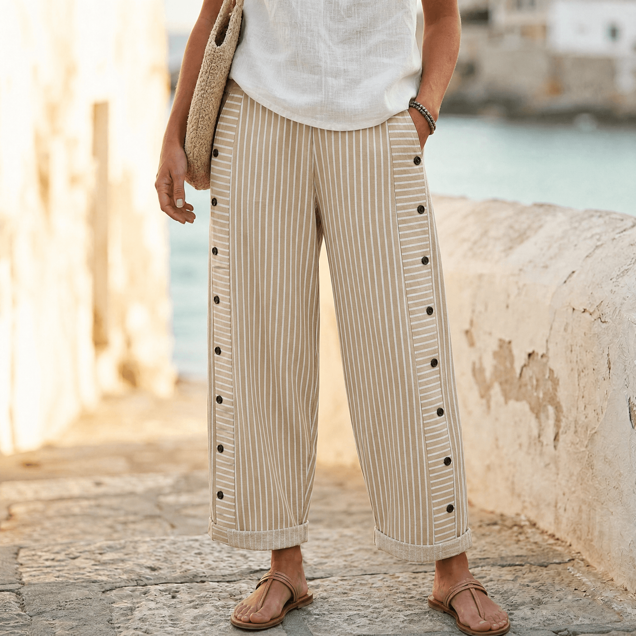 Coastlyn – Women's Striped Pants with Button Trim