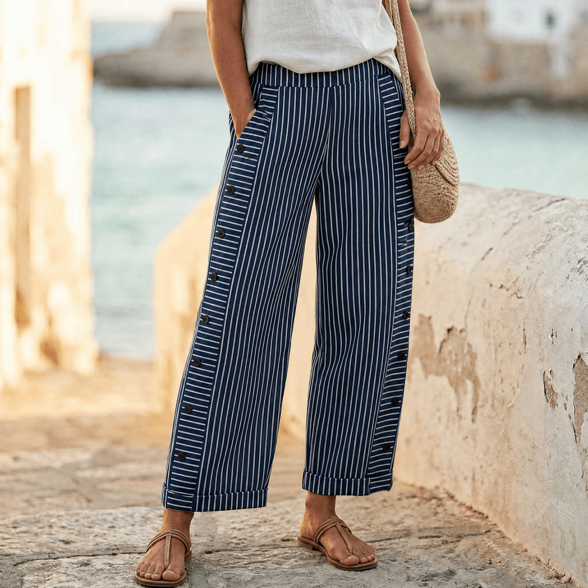 Coastlyn – Women's Striped Pants with Button Trim