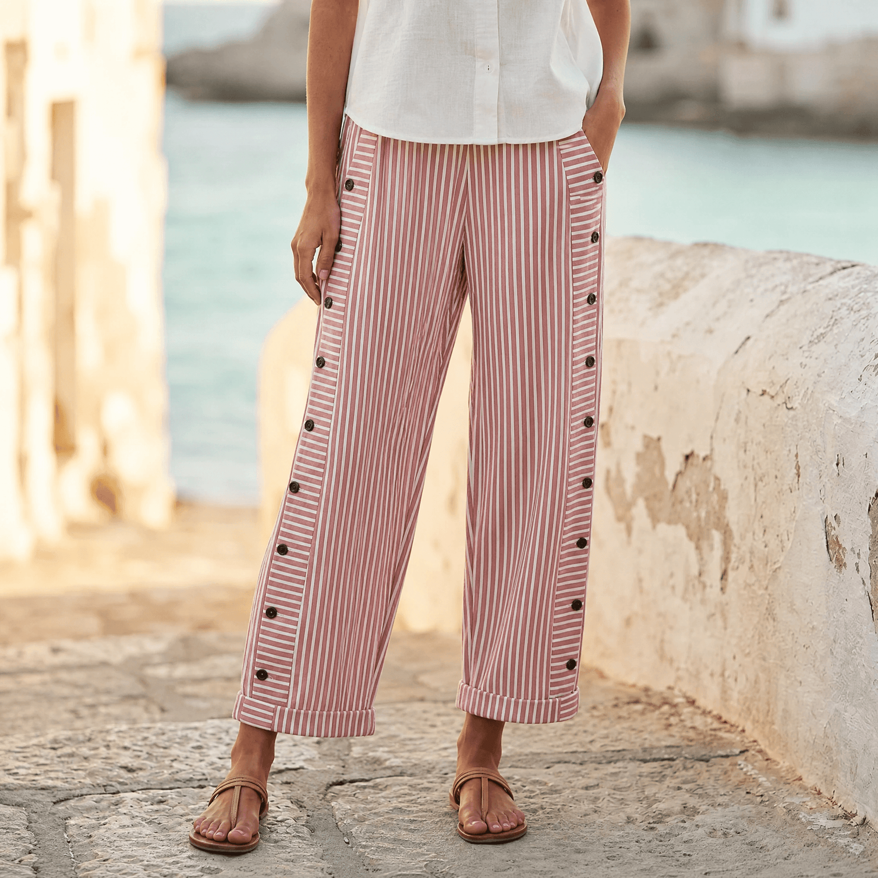 Coastlyn – Women's Striped Pants with Button Trim