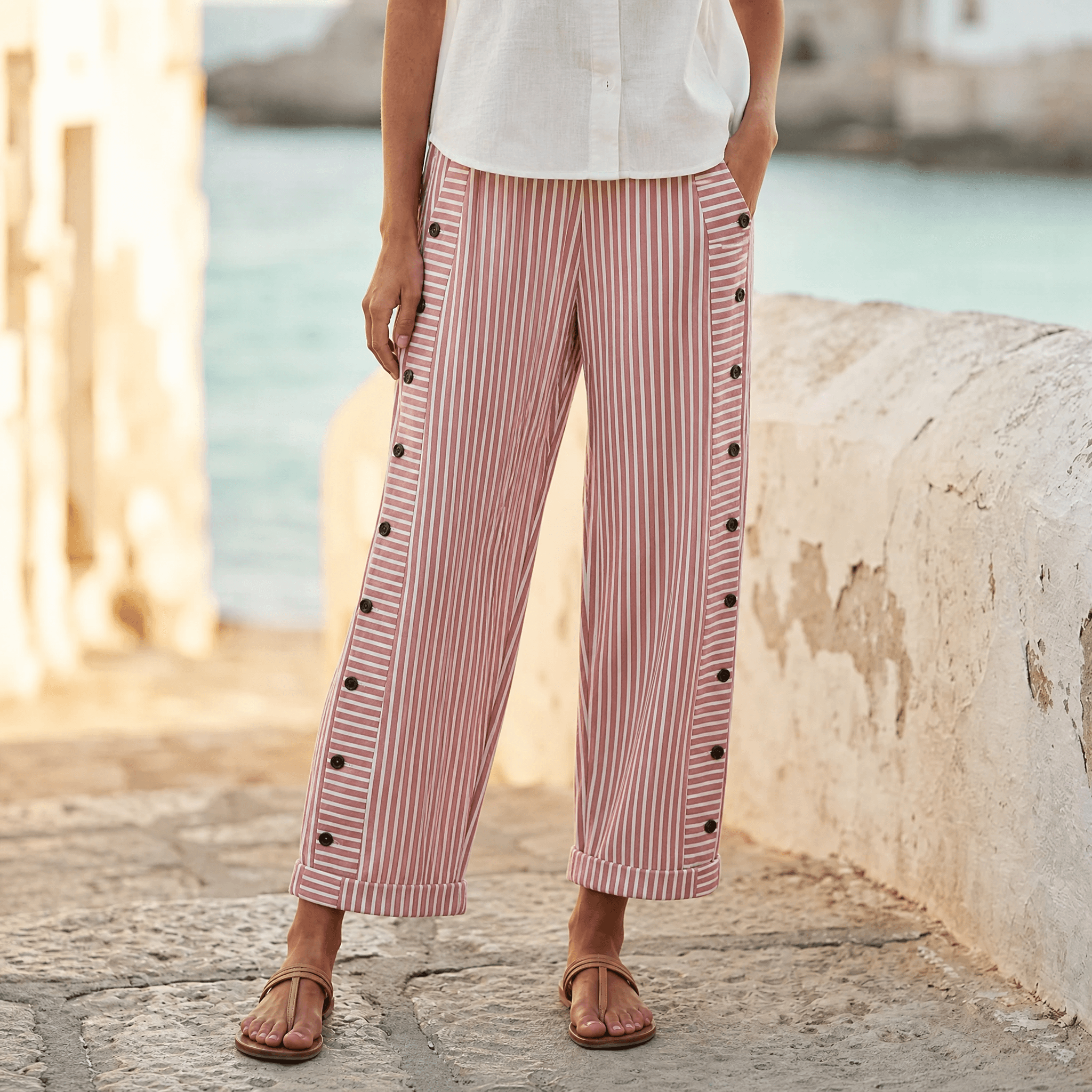 Coastlyn – Women's Striped Pants with Button Trim