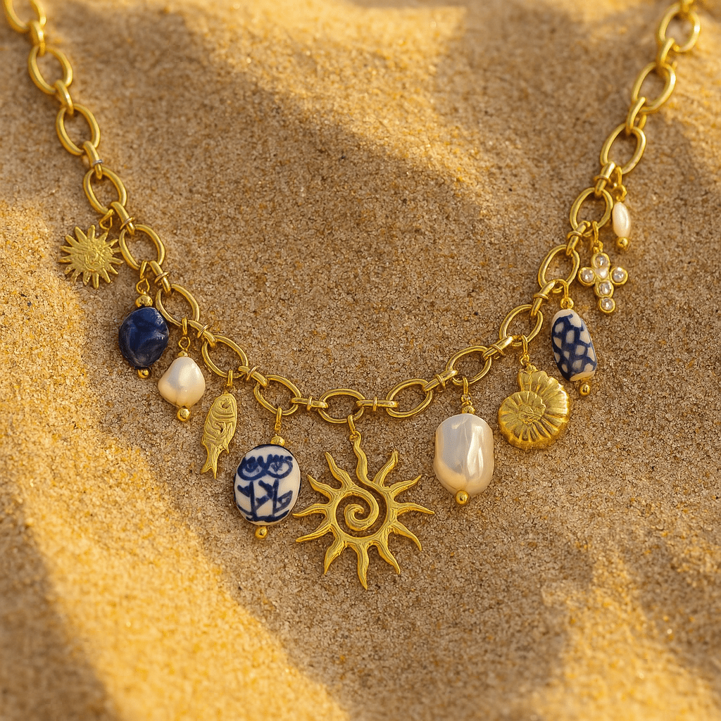 Solea Collar Charms – 18k Gold-Plated and Charms of Sun, Pearl, and Ceramic