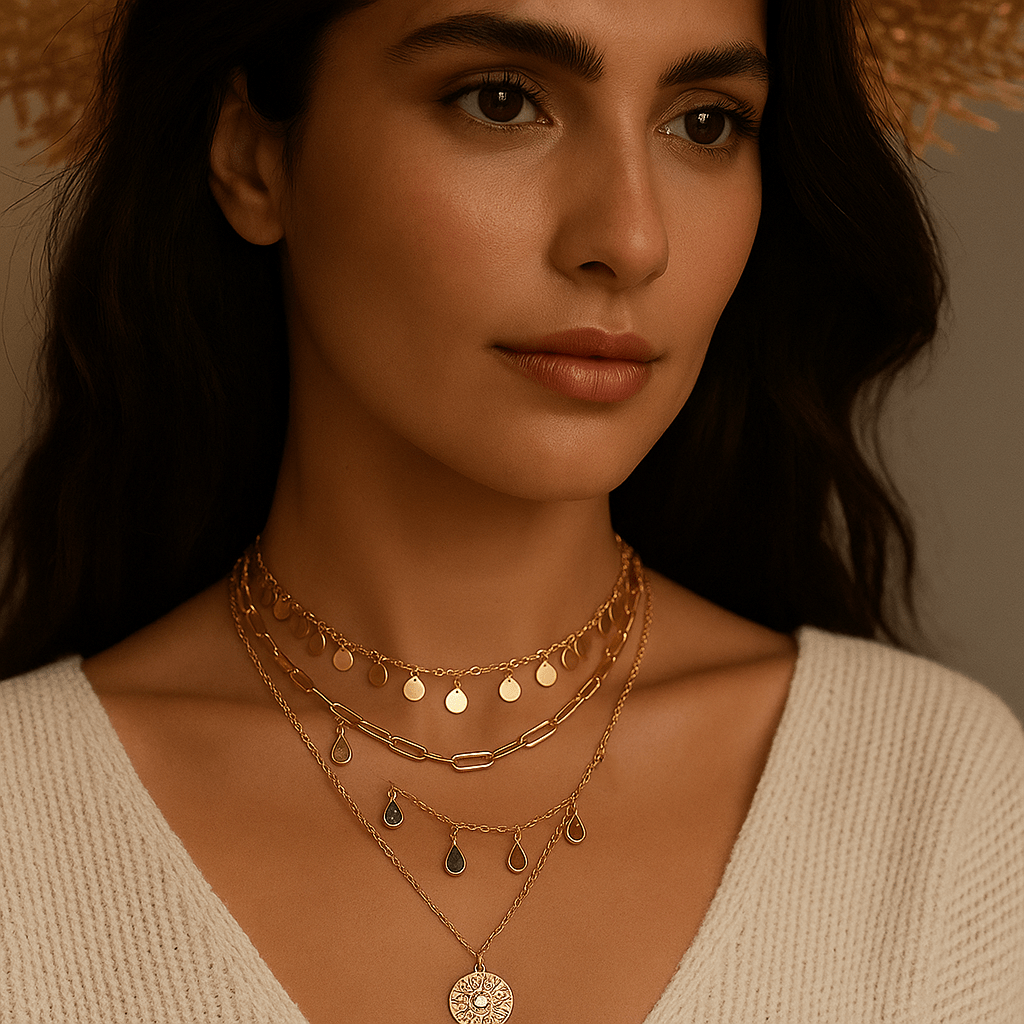 Francesca Necklace – Multi-layered gold with solar medallion