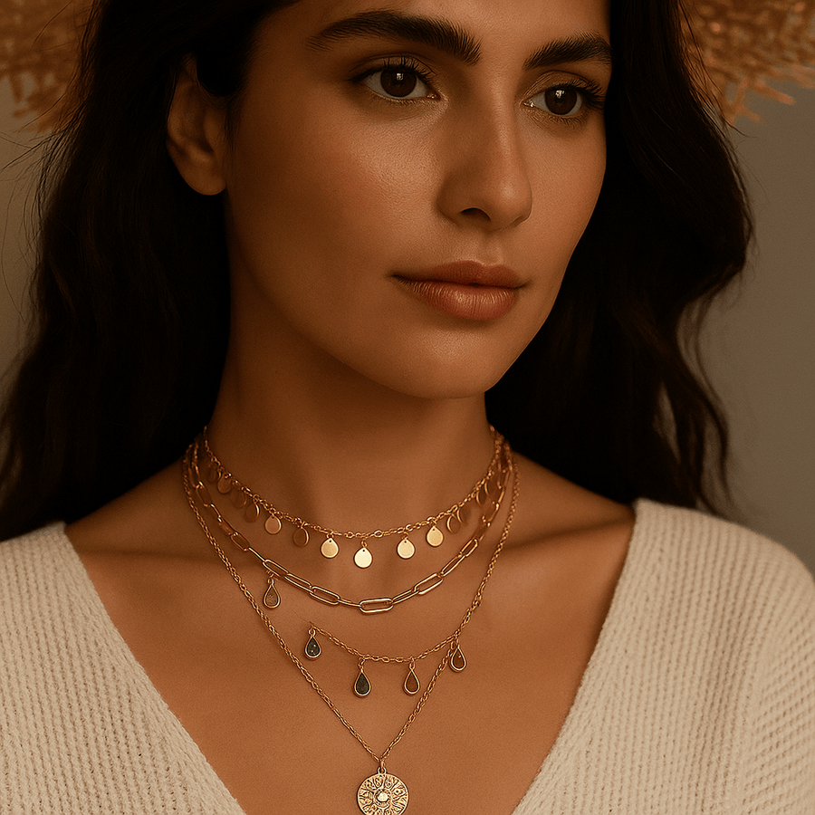 Francesca Necklace – Multi-layered gold with solar medallion