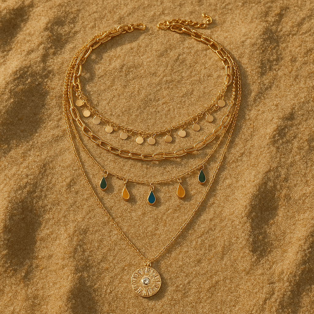 Francesca Necklace – Multi-layered gold with solar medallion