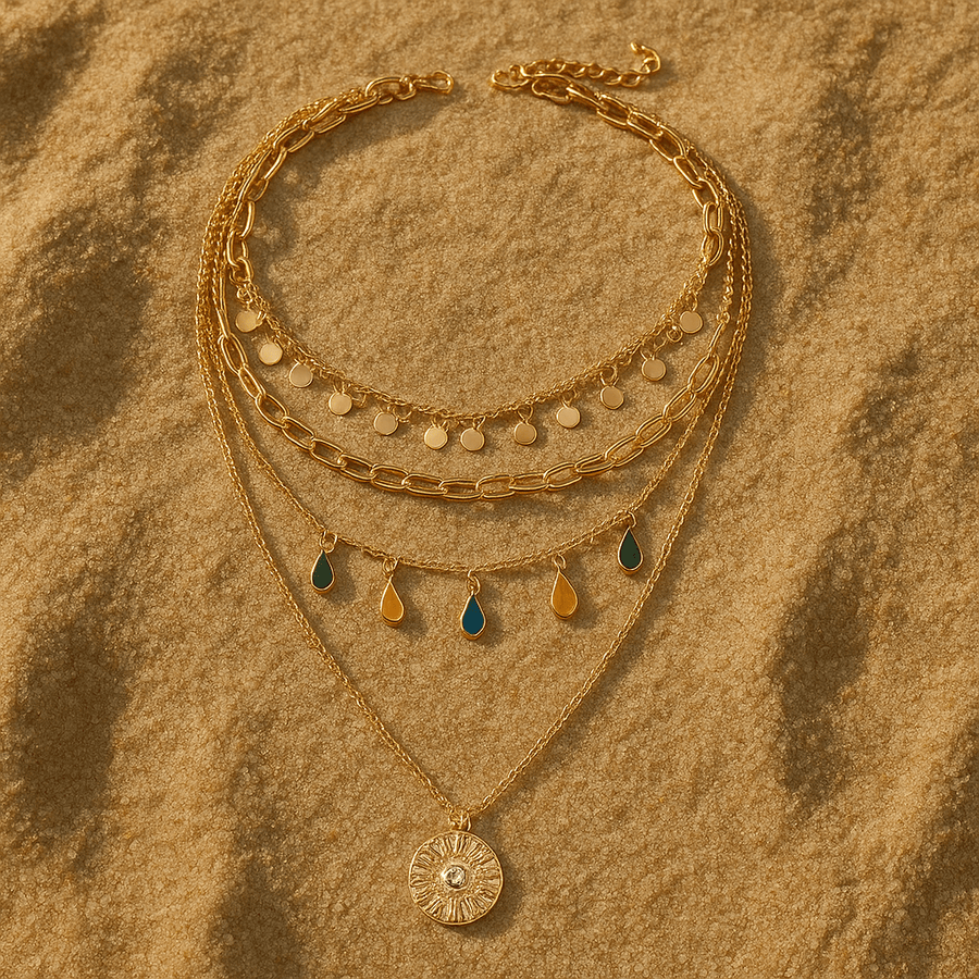 Francesca Necklace – Multi-layered gold with solar medallion