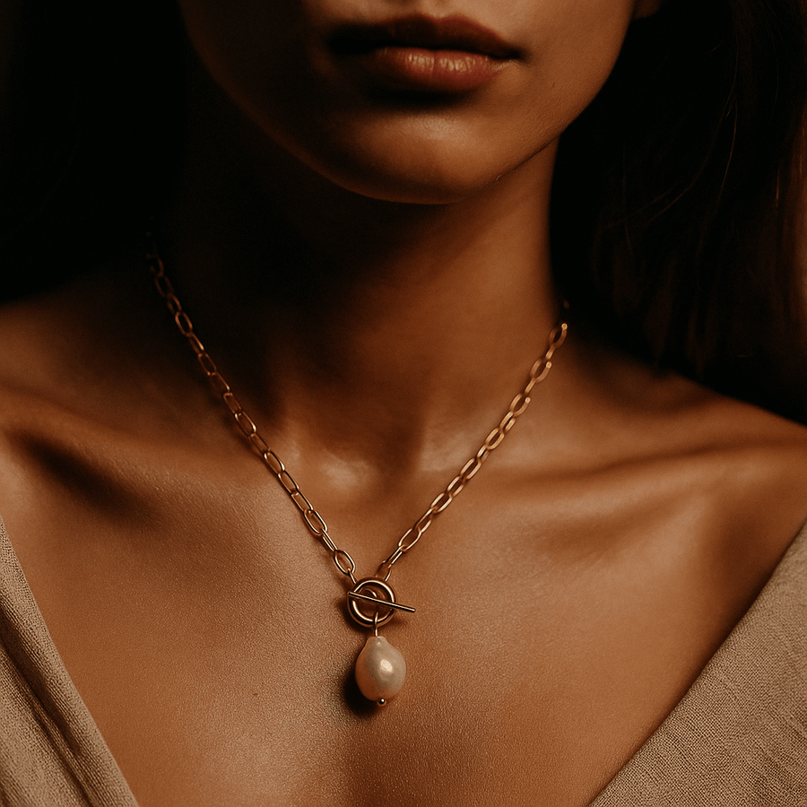 Agate Necklace – 18k Gold Plated and Baroque Pearl