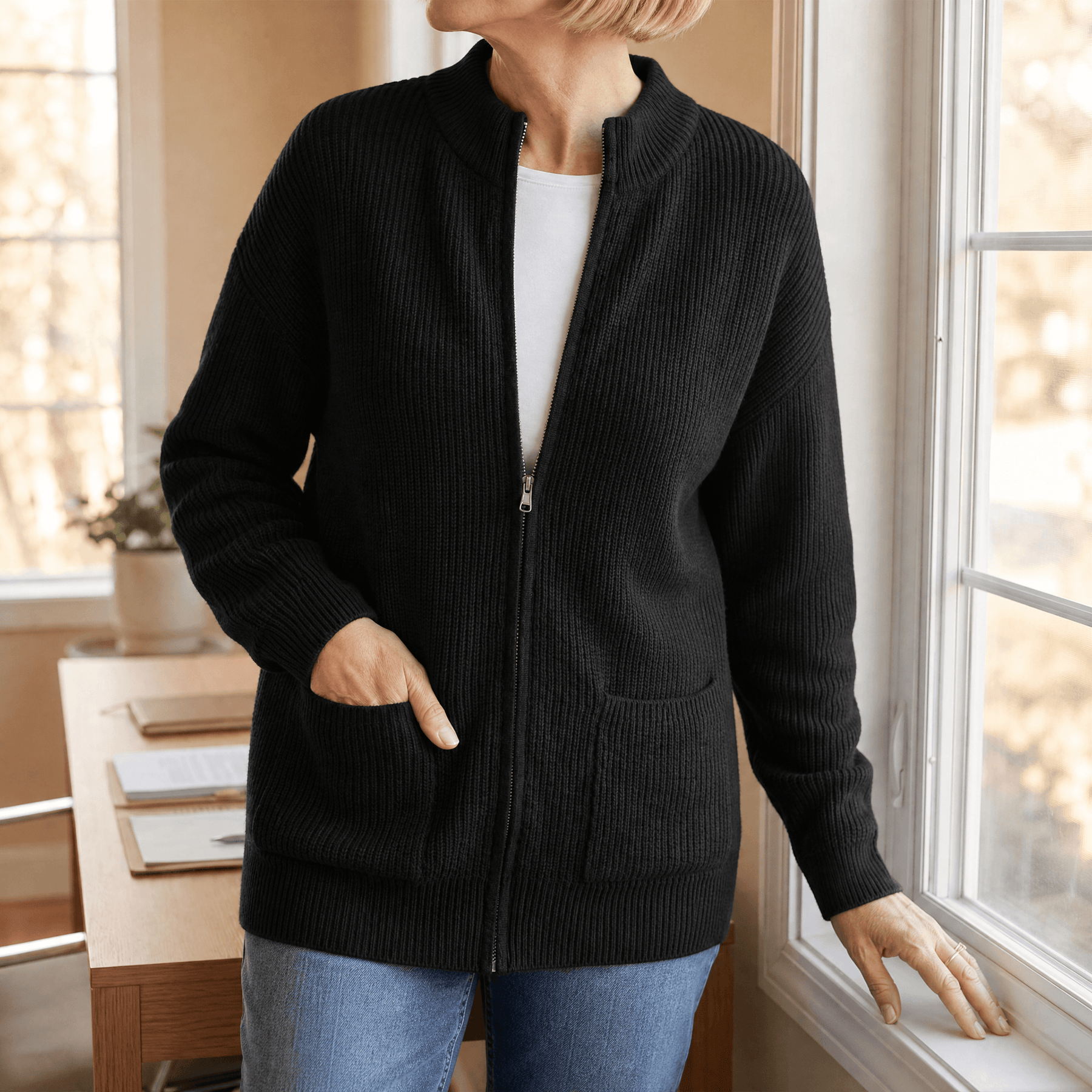 Covena – Soft Knit Zip Up Cardigan with Pockets