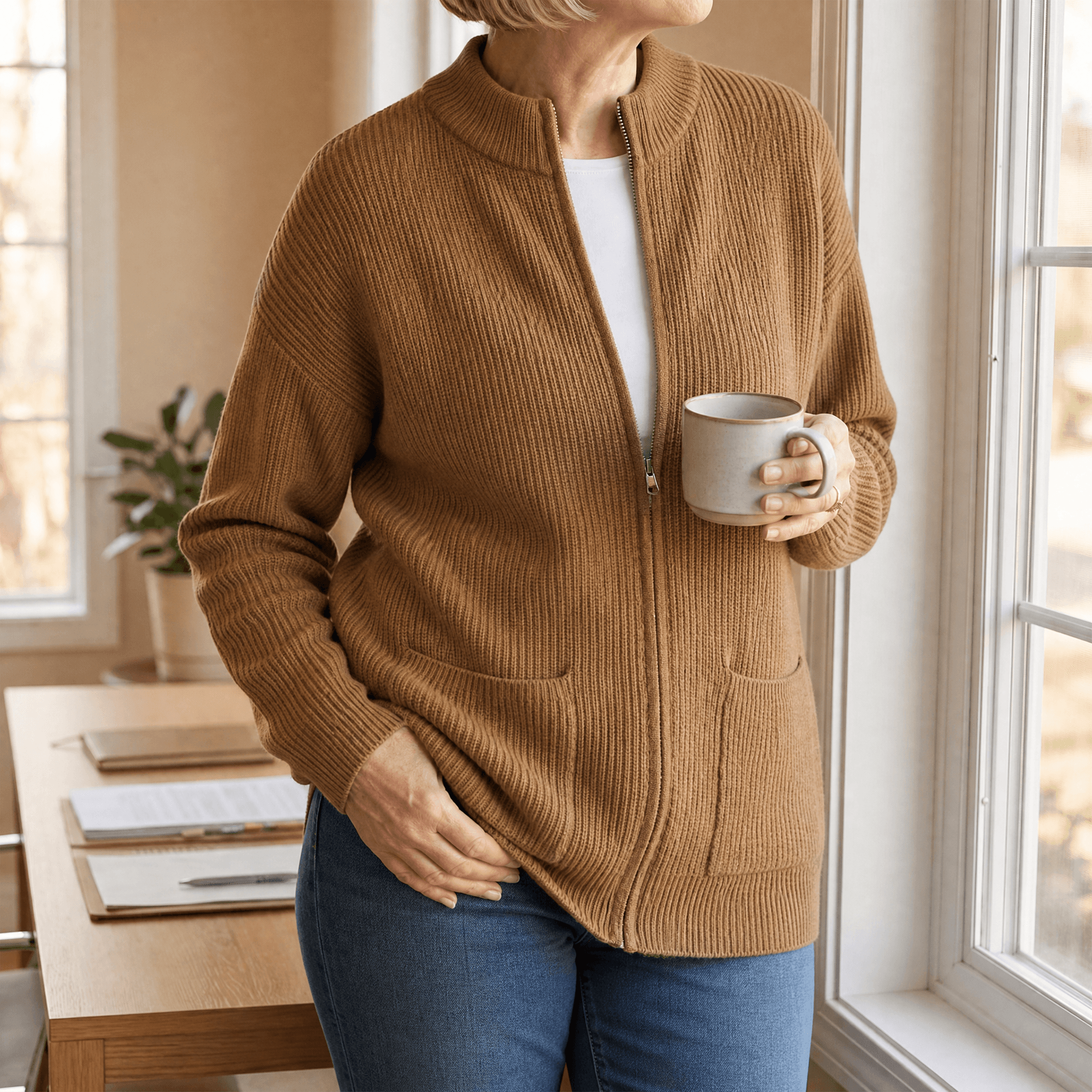 Covena – Soft Knit Zip Up Cardigan with Pockets